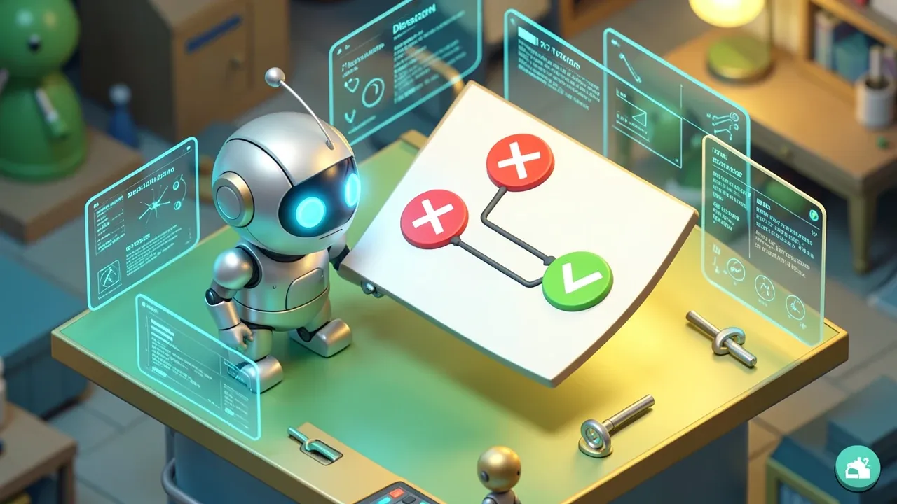 Isometric robot analyzing a floating decision flowchart with retry and correction arrows in teal and gold colors