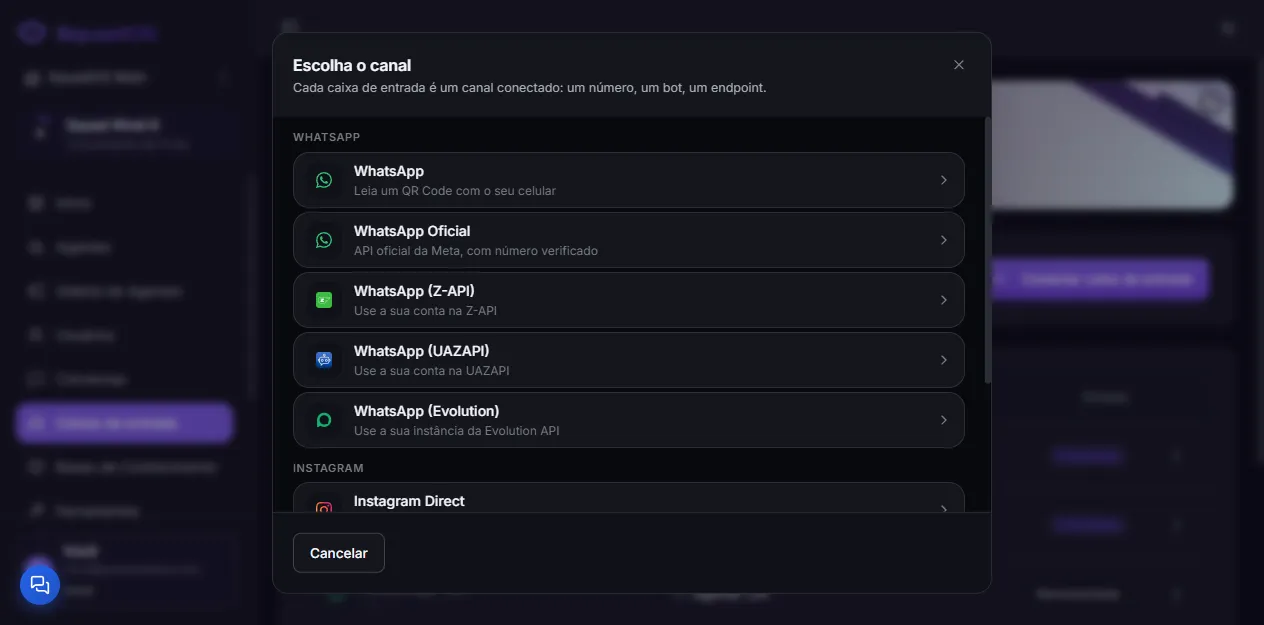 Inbox connection dialog, with WhatsApp Oficial under the WhatsApp group