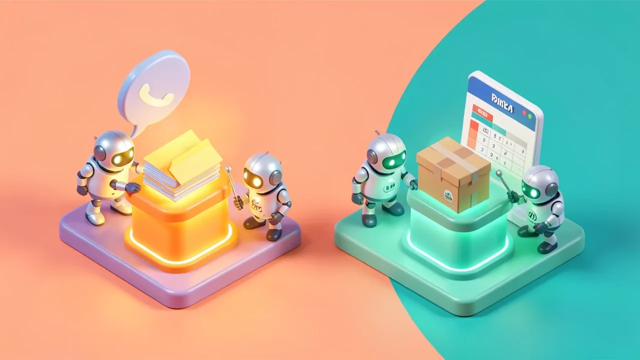 Four small robots each tending a different station: chat, files, delivery box and spreadsheet, colorful isometric scene