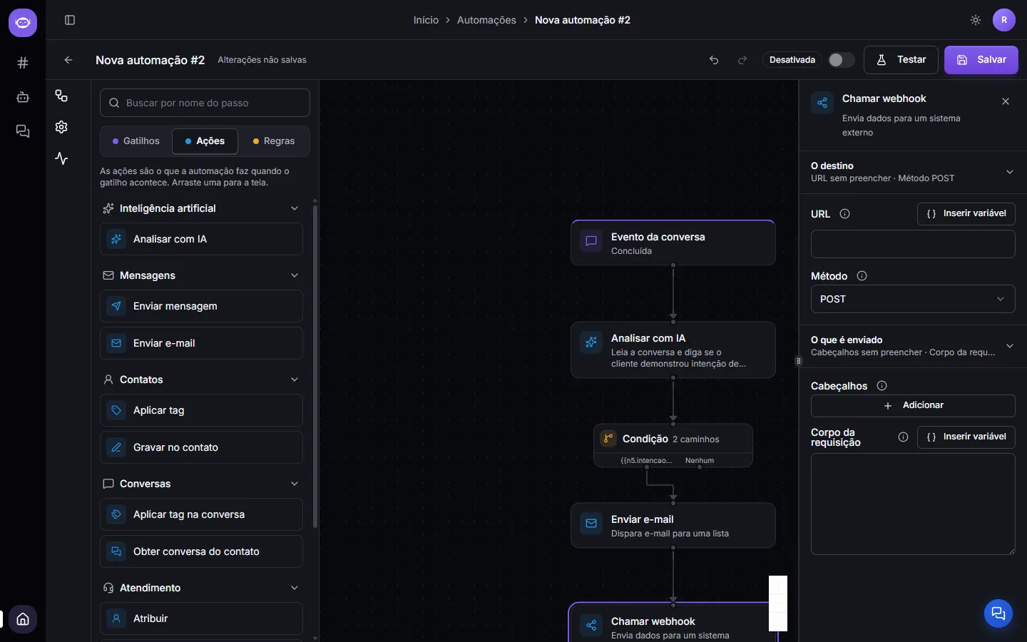 The Call webhook step, with URL, method, headers and request body