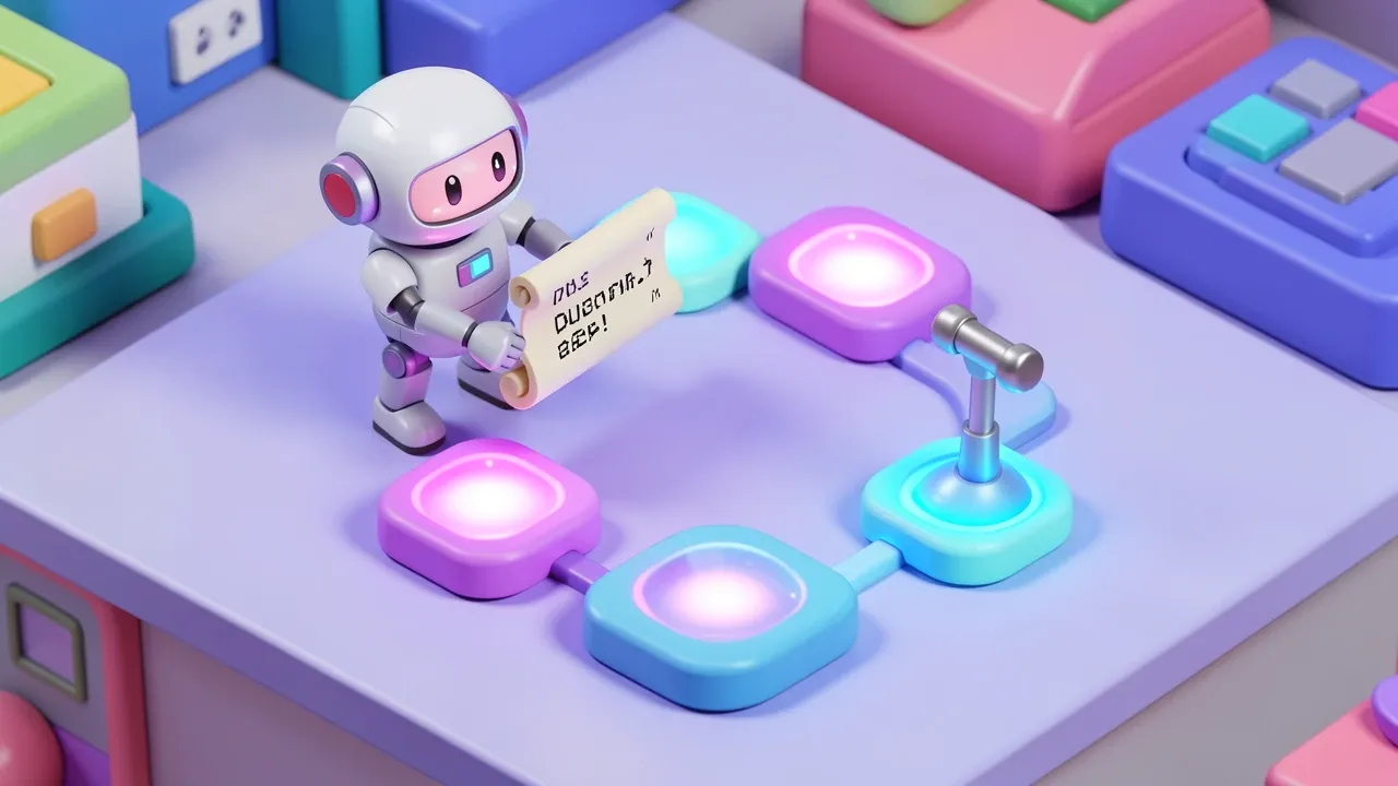 A robot reads a scroll listing a function's parameters and triggers a circular four-step execution loop, isometric scene