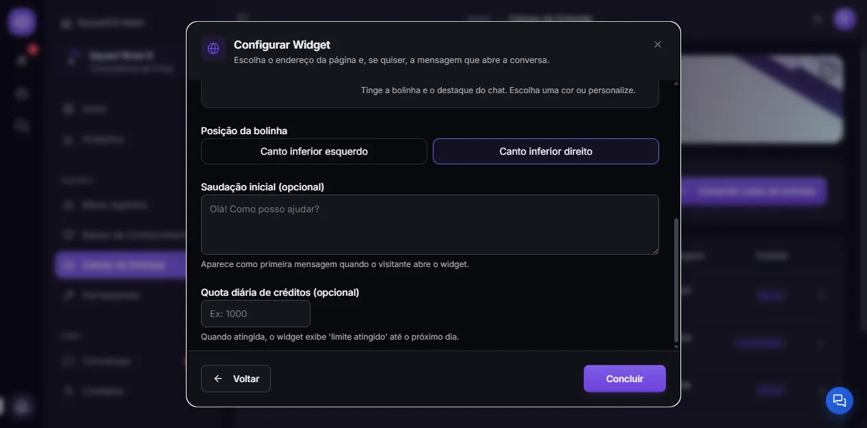 Widget appearance, position, greeting, and quota