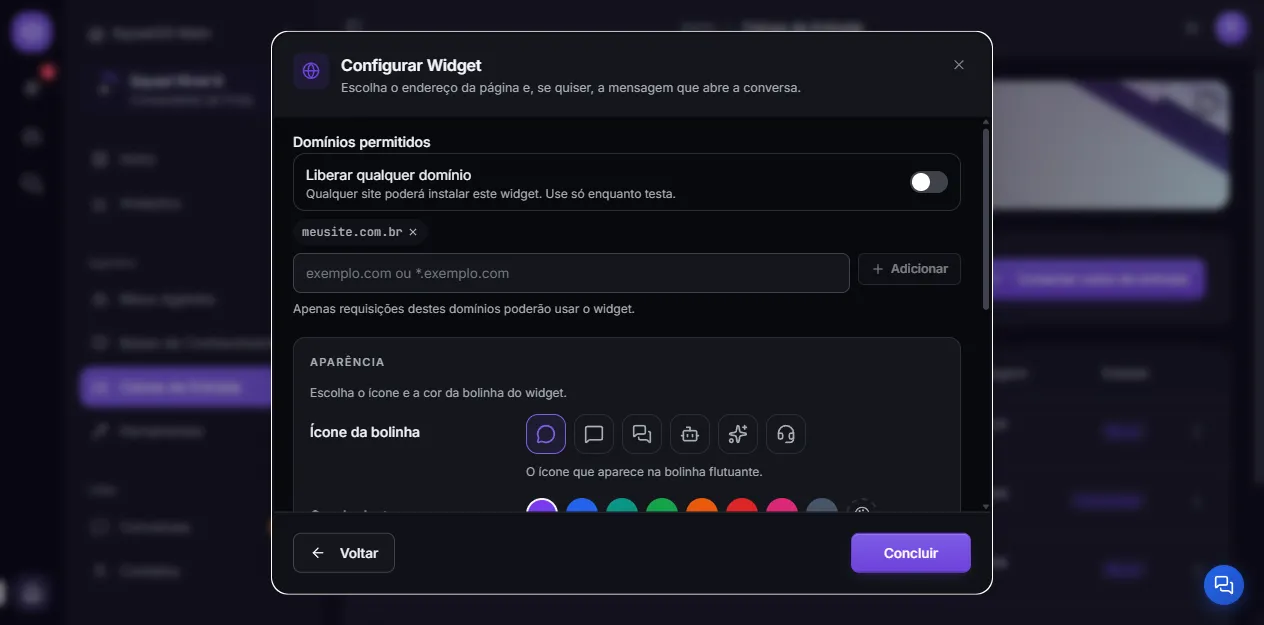 Widget configuration step, with the allowed-domains list