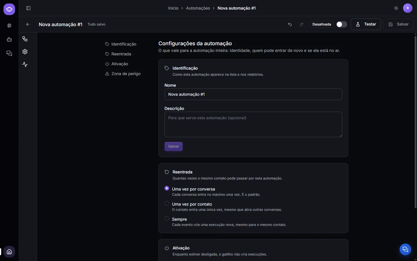 The automation settings screen, with identity, re-entry and activation