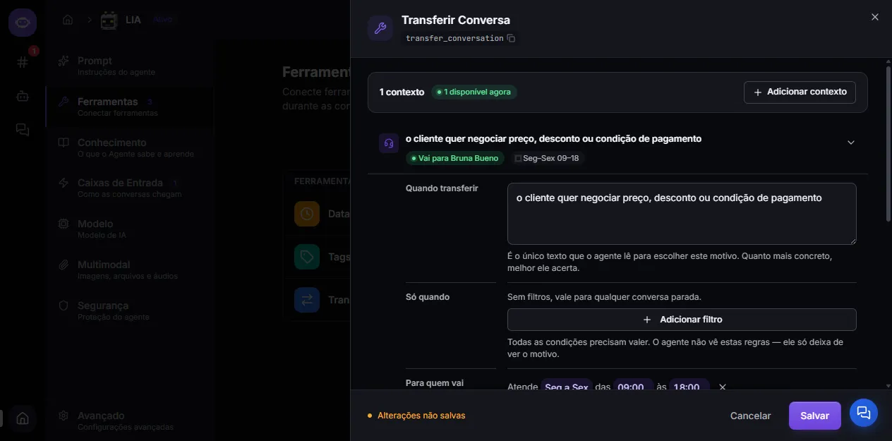 Transfer context with the "When to transfer" field