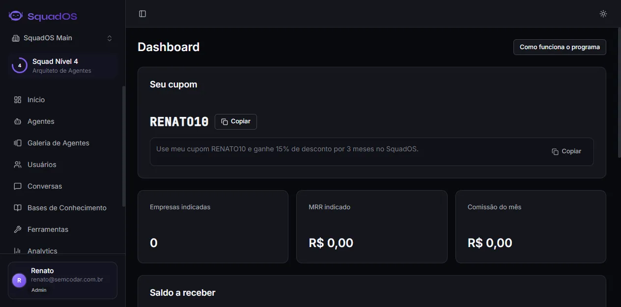 Affiliate dashboard with the coupon, metrics, and balance