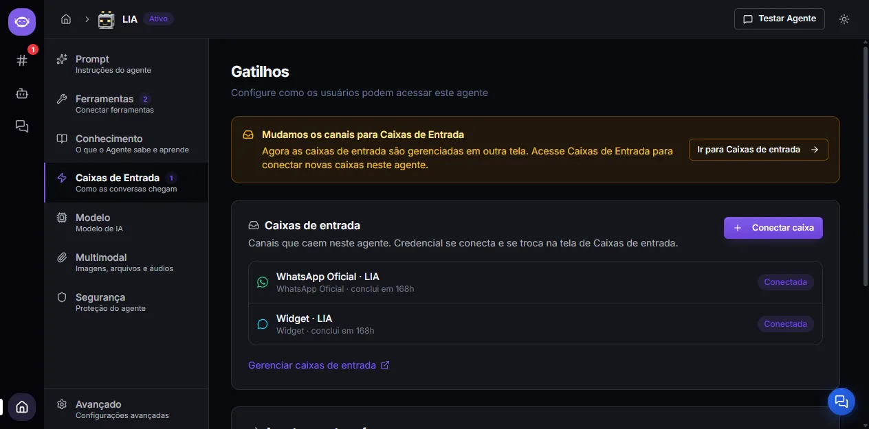 Inboxes section in the agent editor