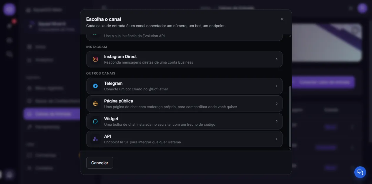 The "Choose the channel" step, with Public page and Widget under Other channels
