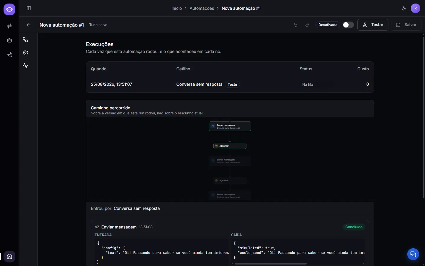 The Runs screen, with the list, the path taken on the canvas and the step timeline