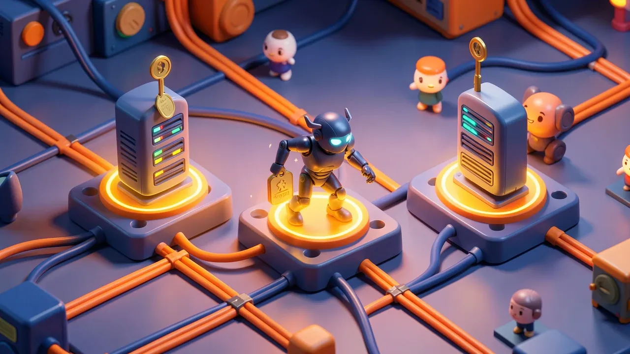 Isometric agent-robot moving laterally between three glowing server nodes, collecting credential tokens at each network point