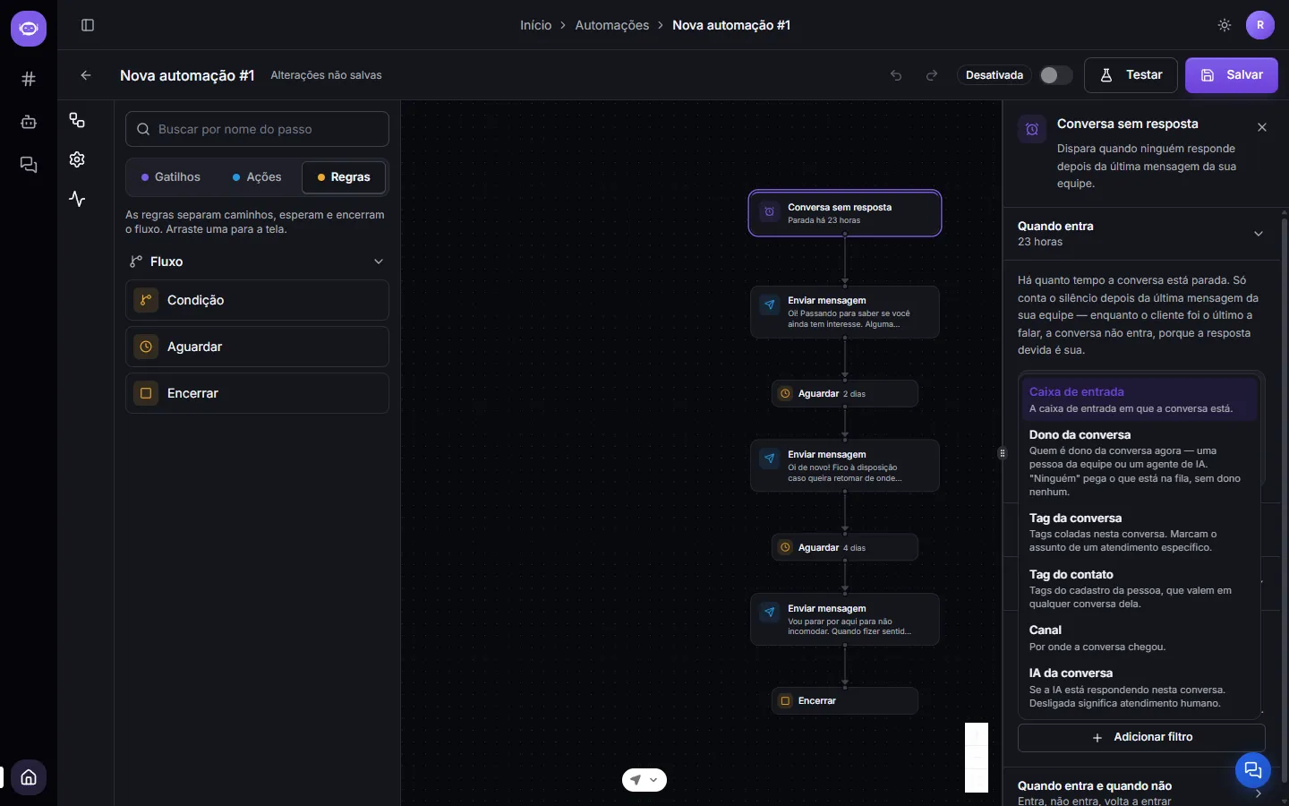 The filter criteria menu: inbox, conversation owner, conversation tag, contact tag, channel and conversation AI