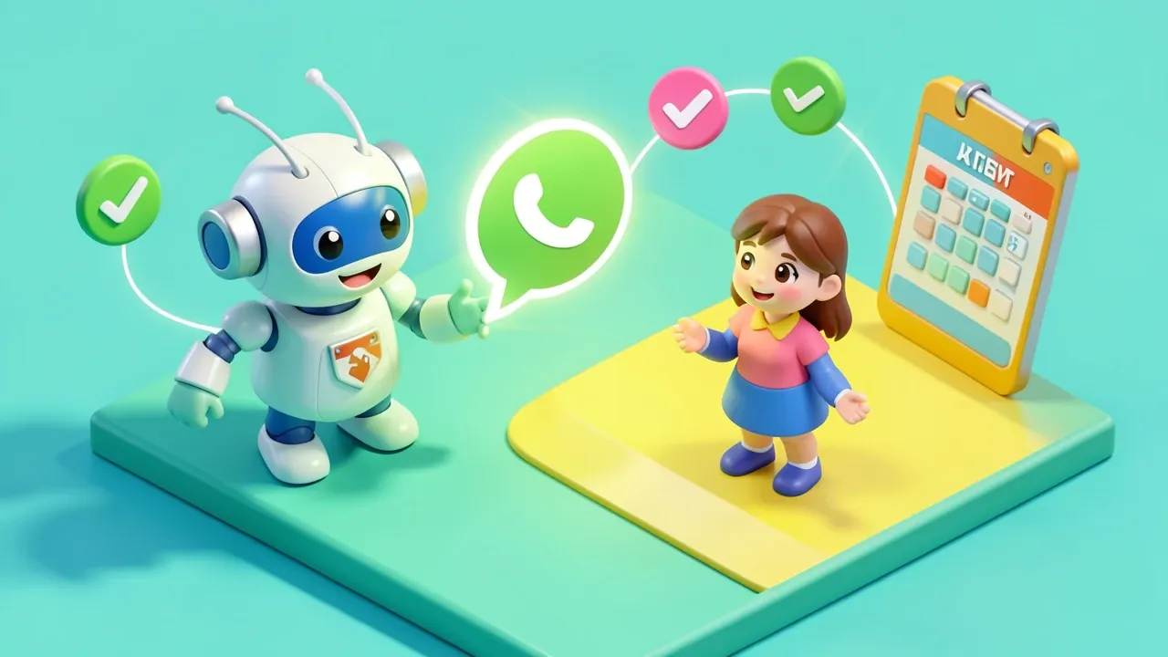 A cheerful robot sends a glowing WhatsApp bubble with two big buttons toward a smiling customer, calendar and checkmark icons orbiting