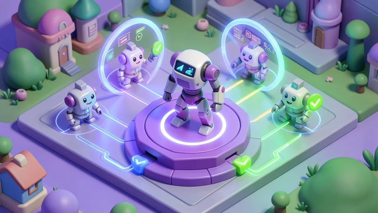 Isometric central hub with agent-robots governed by a control panel with shields and checkmarks in vibrant purple and emerald