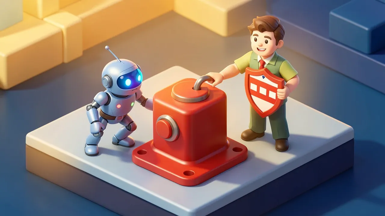 A robot reaches for a red lever while a human supervisor holds a shield-shaped checkpoint badge