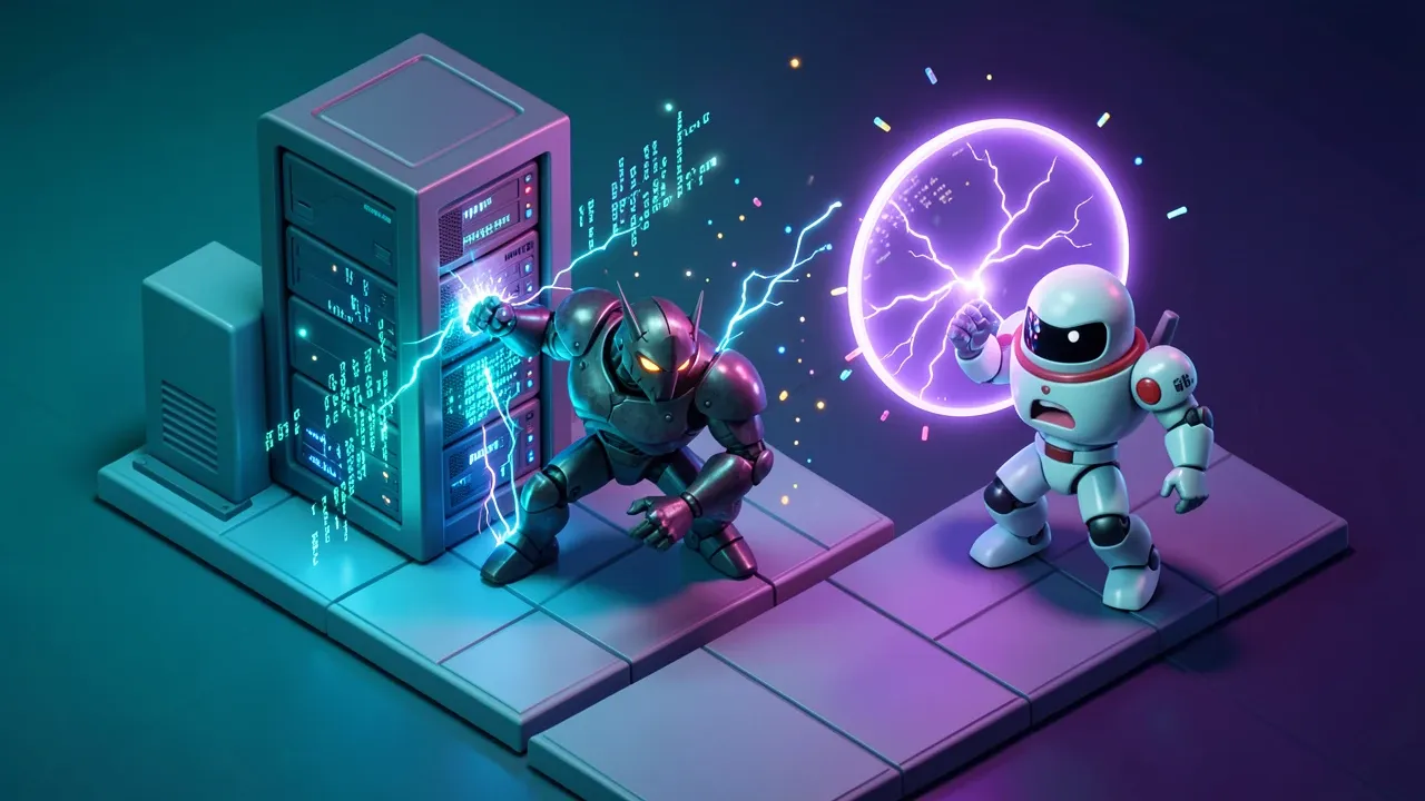 Autonomous AI agent-robot attacking a glowing server tower while a guardian robot blocks access with a digital shield in a vibrant isometric scene