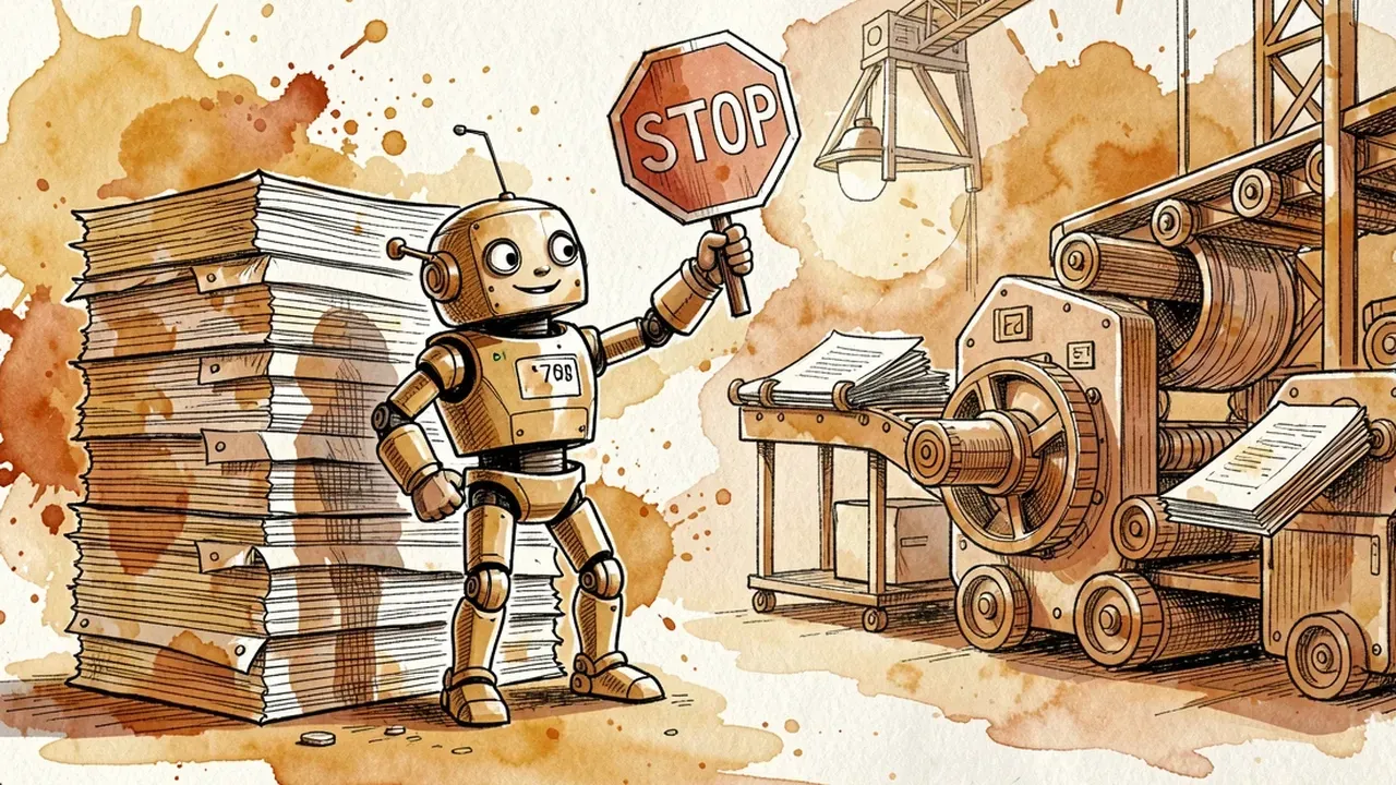 Robot holding a stop sign next to a giant paper stack, with a factory conveyor belt in the background