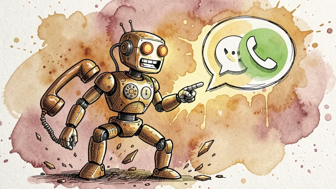 Robot confidently pointing at a WhatsApp chat bubble, next to an old ringing telephone falling apart