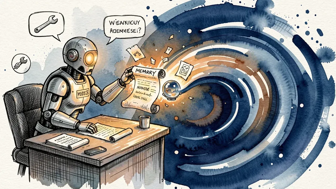 Illustration of an AI agent pulling glowing context fragments, tools, memory, and documents out of a swirling stream