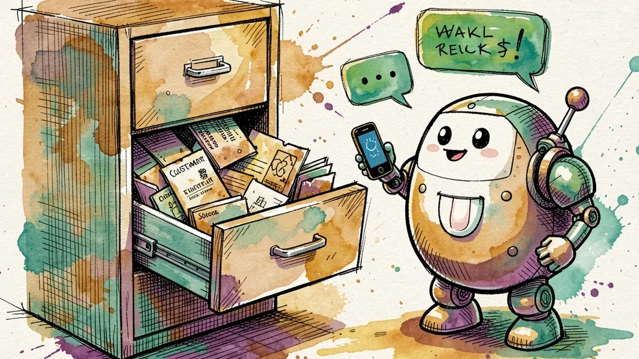 Friendly robot opens a filing cabinet drawer full of dusty customer cards and waves a phone, WhatsApp bubbles floating out of the drawer