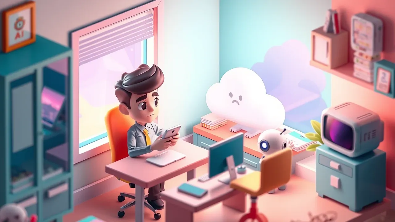 Isometric mobile-game art of an employee at a desk pasting data into a personal phone while a glowing AI cloud slips out the window, a small robot beside them