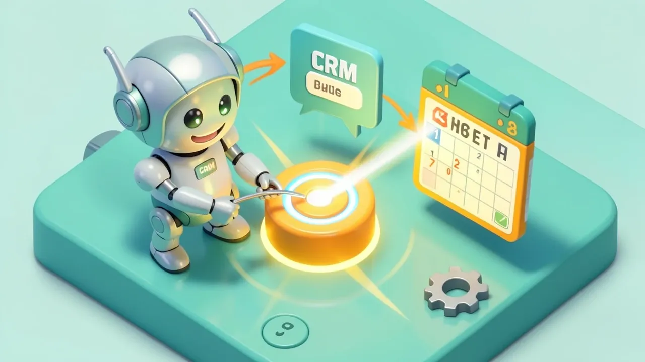 A robot agent presses a button firing a beam that connects a chat bubble to a CRM card and a calendar, vibrant isometric scene