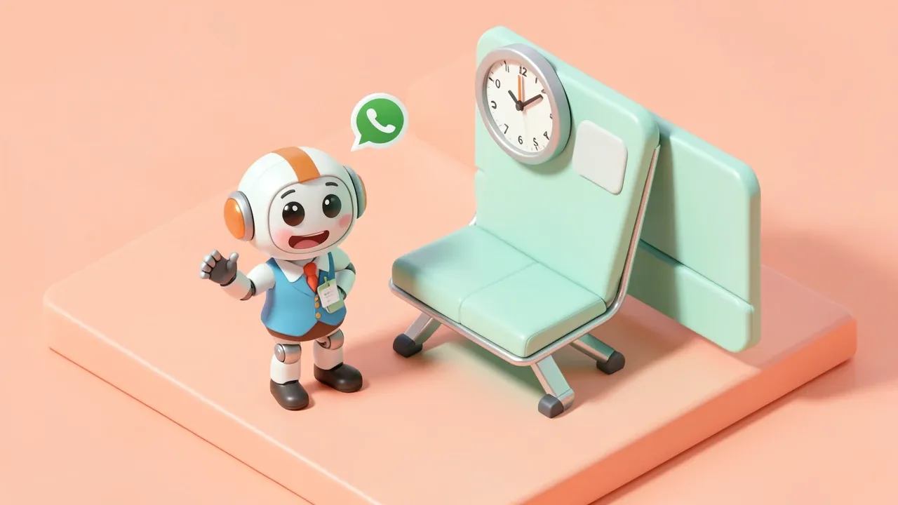 A robot receptionist waves next to an empty waiting chair with a floating clock and a WhatsApp reminder bubble