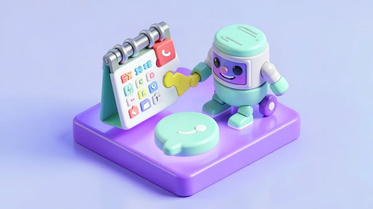 A person and a robot snap together plug-shaped puzzle pieces linking a calendar, a chat icon and a database tower