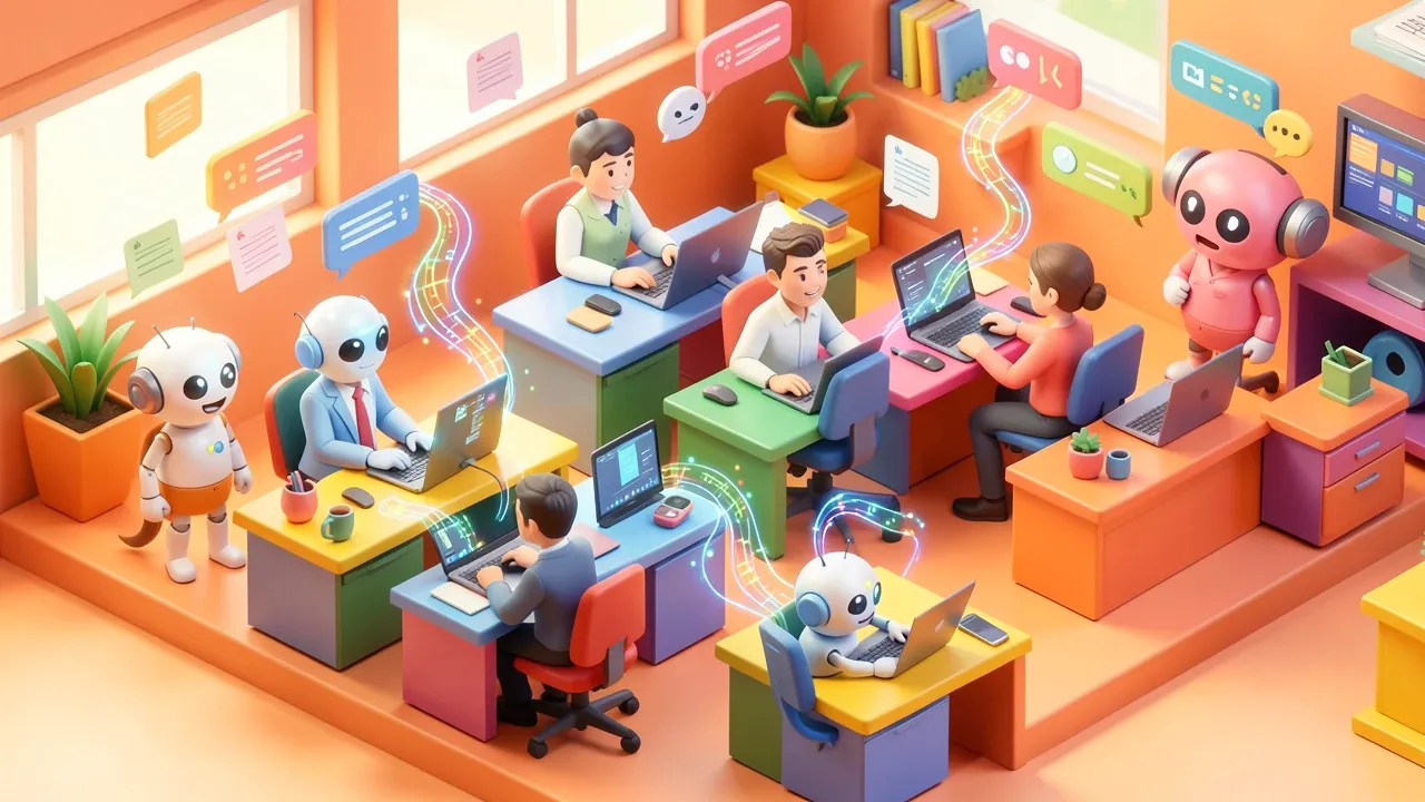 Isometric office managers using AI agents on multiple devices with data flowing without centralized control in an amber and coral palette
