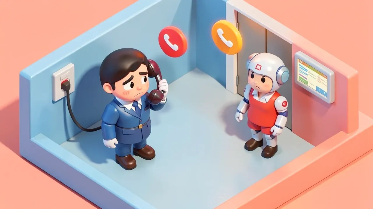 A tired receptionist holds a ringing phone that a customer ignores from across the room, unanswered call icons floating above
