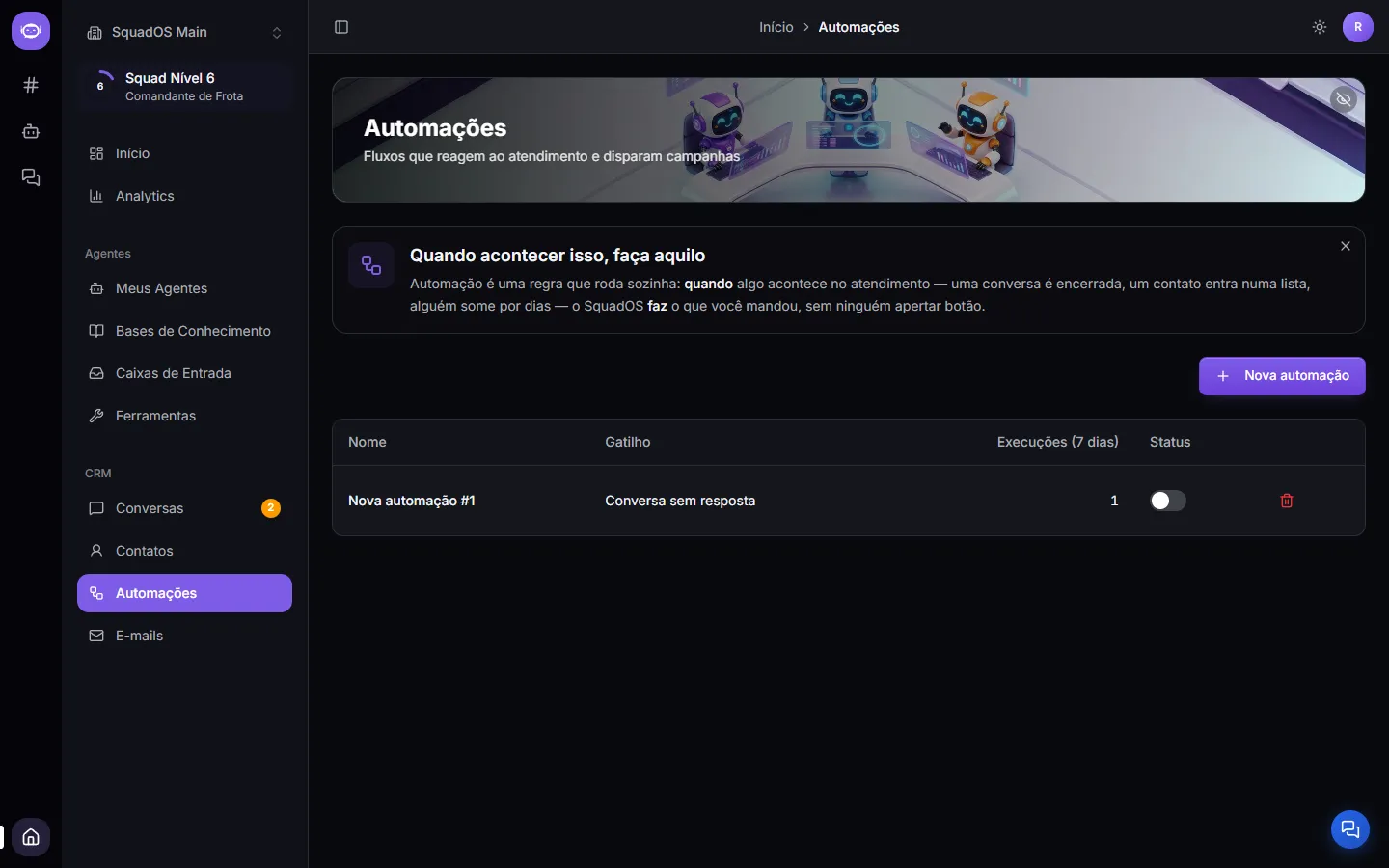 The automations list, with name, trigger, runs in the last 7 days and the activation switch