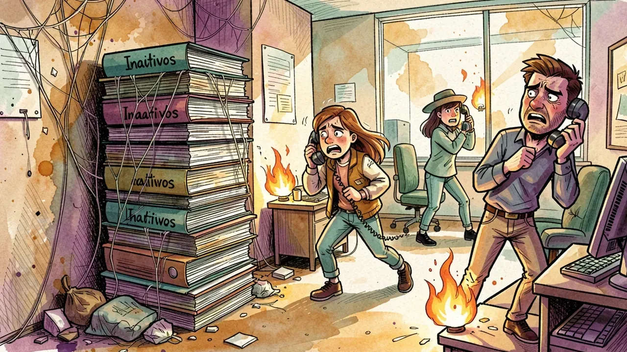 Hand-drawn office scene: a stack of folders labeled "inactive customers" gathers dust in a corner while three people rush around putting out small fires with phones ringing