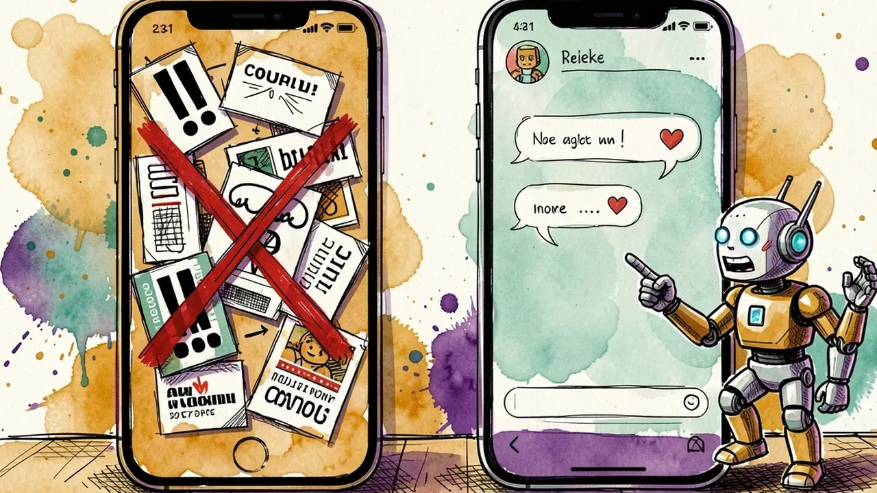 Two versions of the same WhatsApp message drawn side by side in watercolor, one full of exclamation marks and coupons crossed out, the other calm and conversational with a small heart of approval