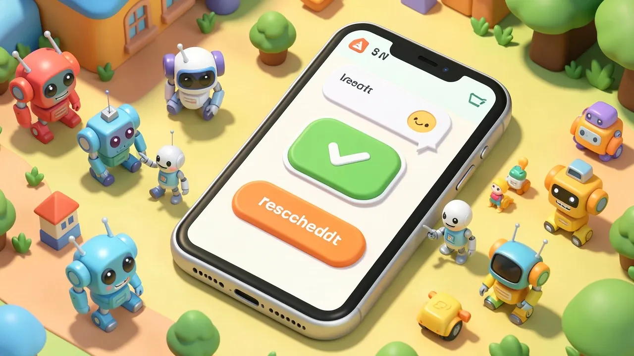 A phone screen shows a chat bubble with a big green confirm button and an orange reschedule button, a robot pointing at it proudly