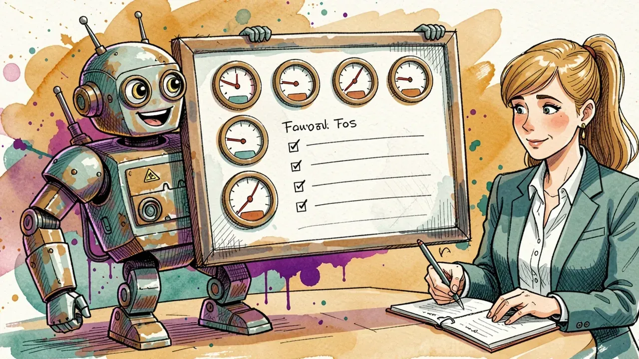 Robot presents a simple hand-drawn dashboard with gauge indicators and a short list of reasons, while a businessperson takes notes and nods