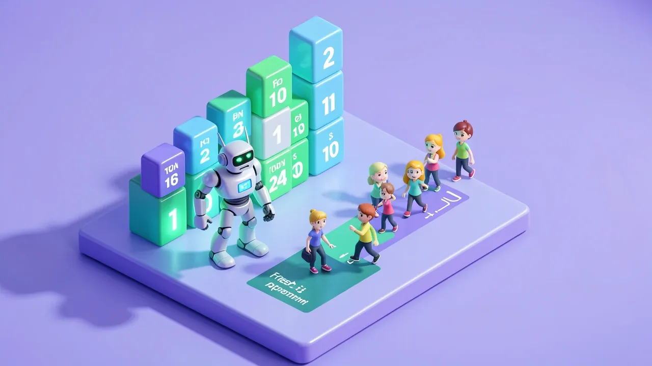 A robot analyst stands before a rising bar chart made of calendar blocks, a line of small figures stepping into a freed-up slot