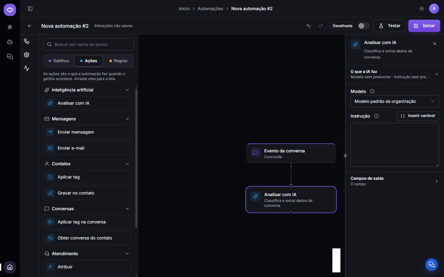 The Analyze with AI step, with Model, Instruction and Output fields