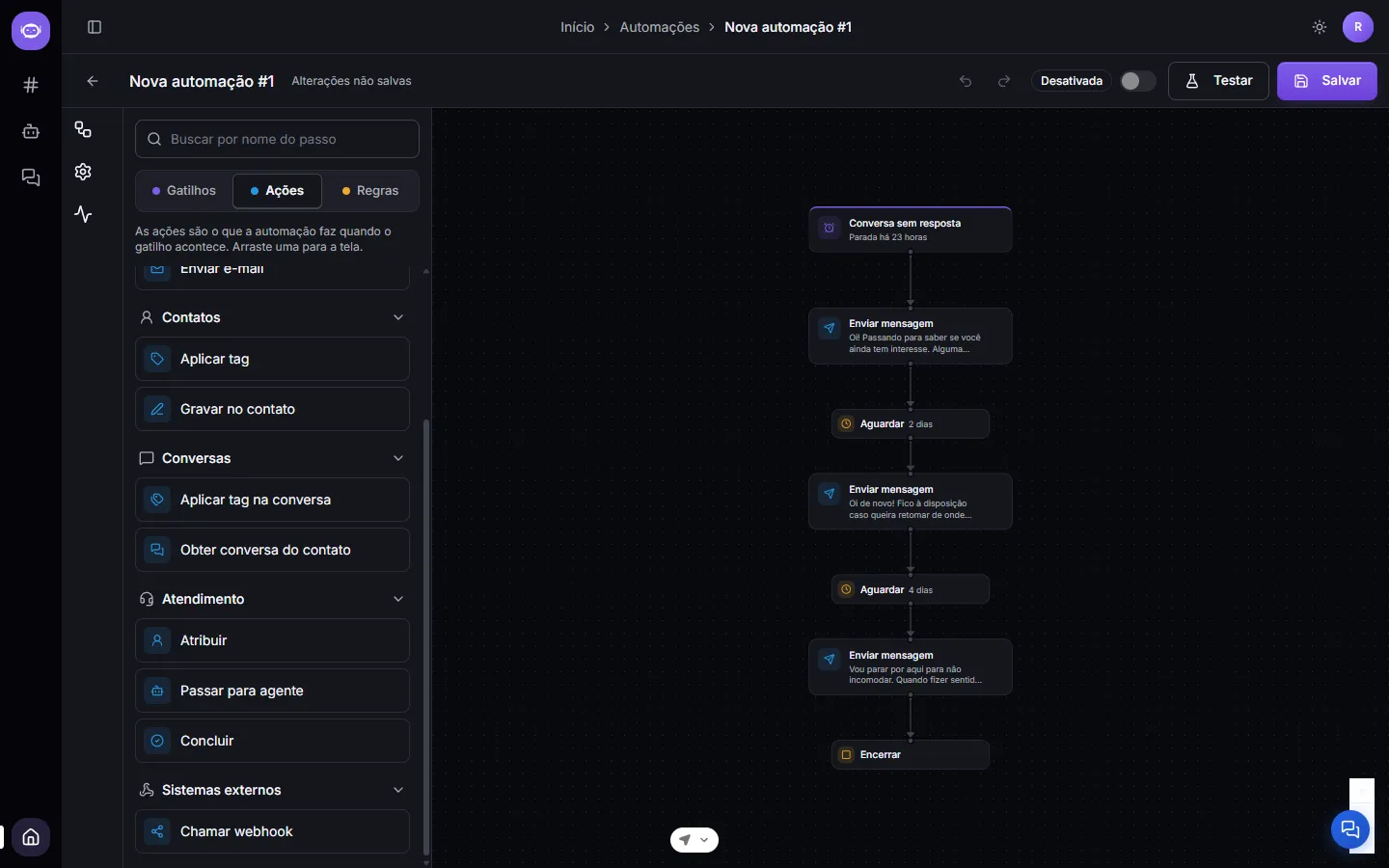 The rest of the Actions tab: Service and External systems