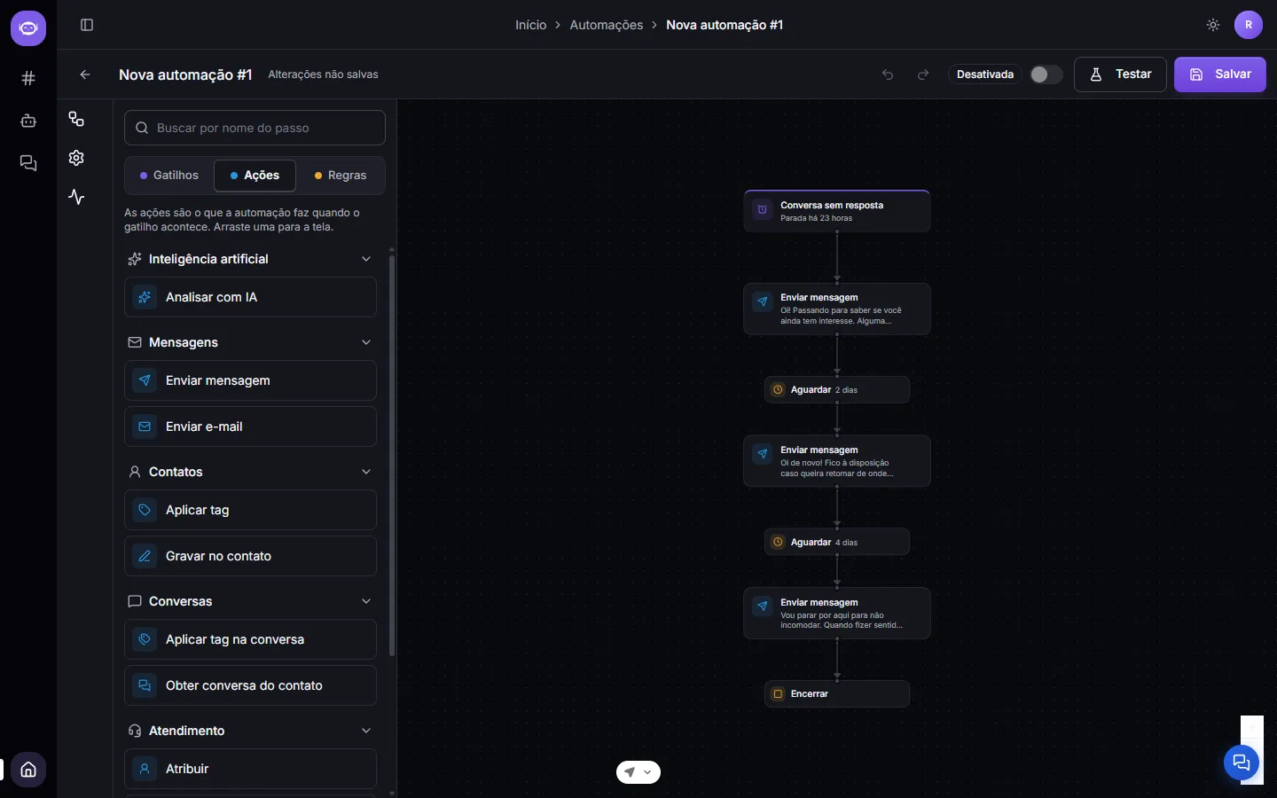 The Actions tab of the palette, with Artificial intelligence, Messages, Contacts and Conversations
