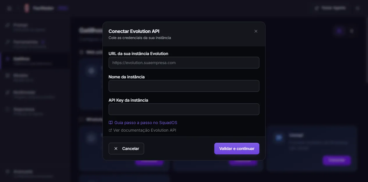 Connect Evolution API modal with URL, instance name and API Key
