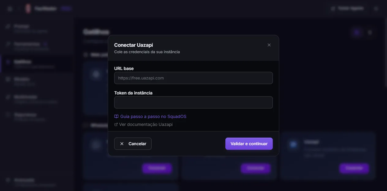 Connect Uazapi modal with base URL and instance token fields