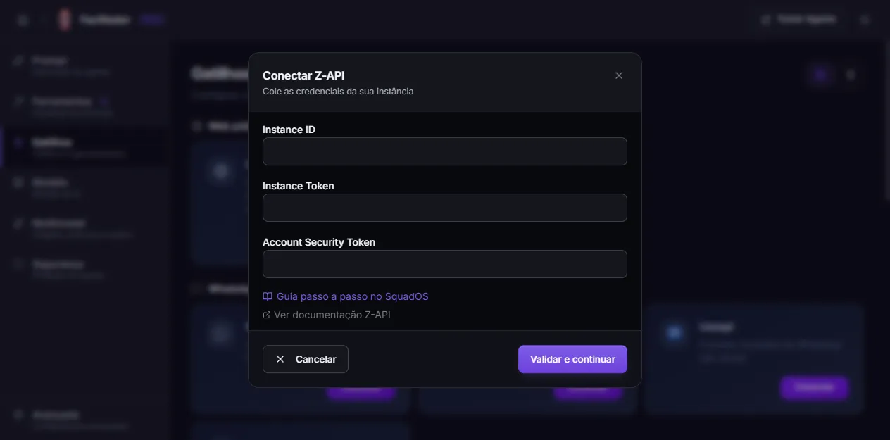 Connect Z-API modal with the three credential fields