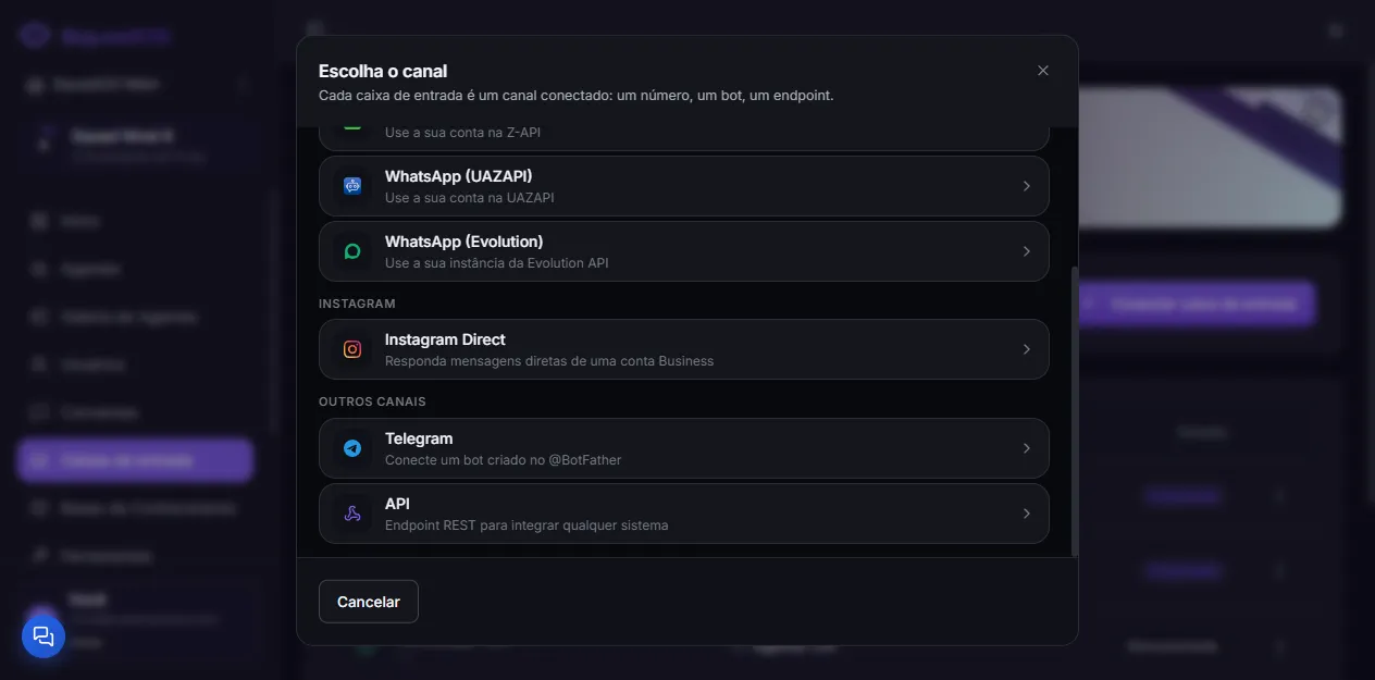 Channel picker dialog, with the WhatsApp, Instagram and Other channels groups