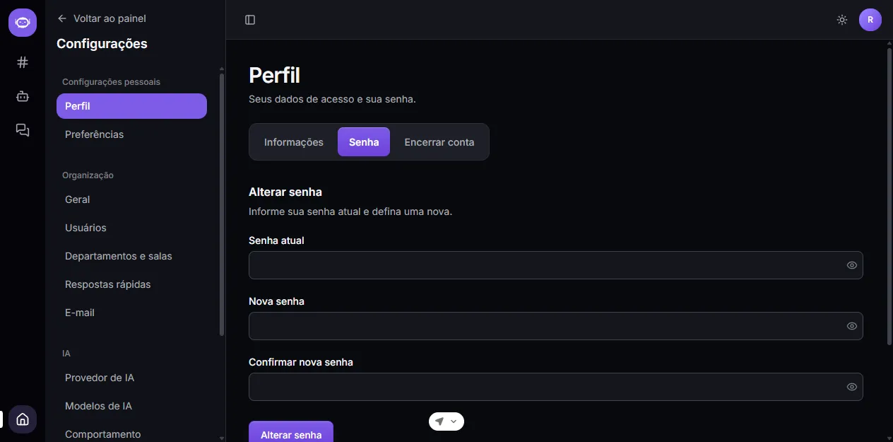 Password tab, with current password, new password, and confirmation