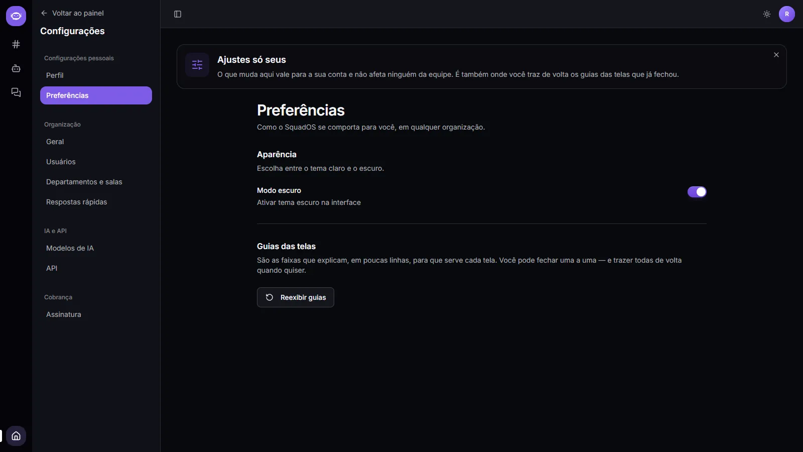 Preferences section, with dark mode and reset guides