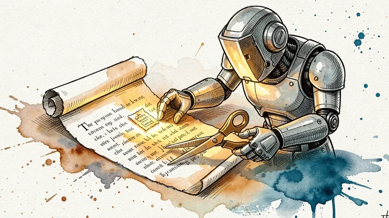 Robot trimming a long scroll of text with scissors, keeping only the relevant glowing fragment