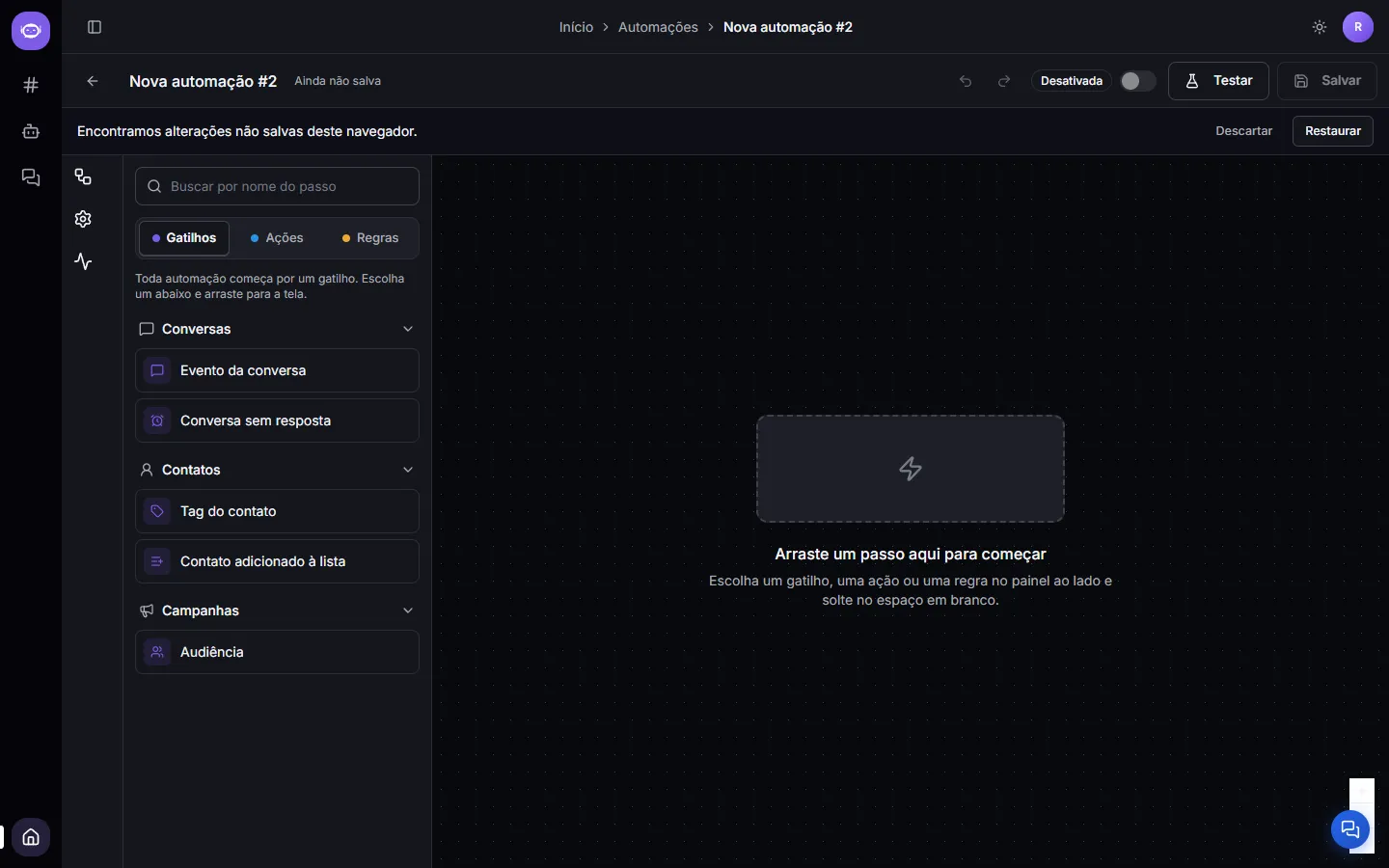 The "We found unsaved changes from this browser" banner, with Discard and Restore