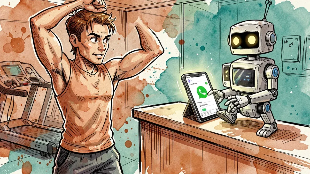 A gym instructor glancing at a phone with an open WhatsApp conversation while an AI agent confirms a class booking at the front desk