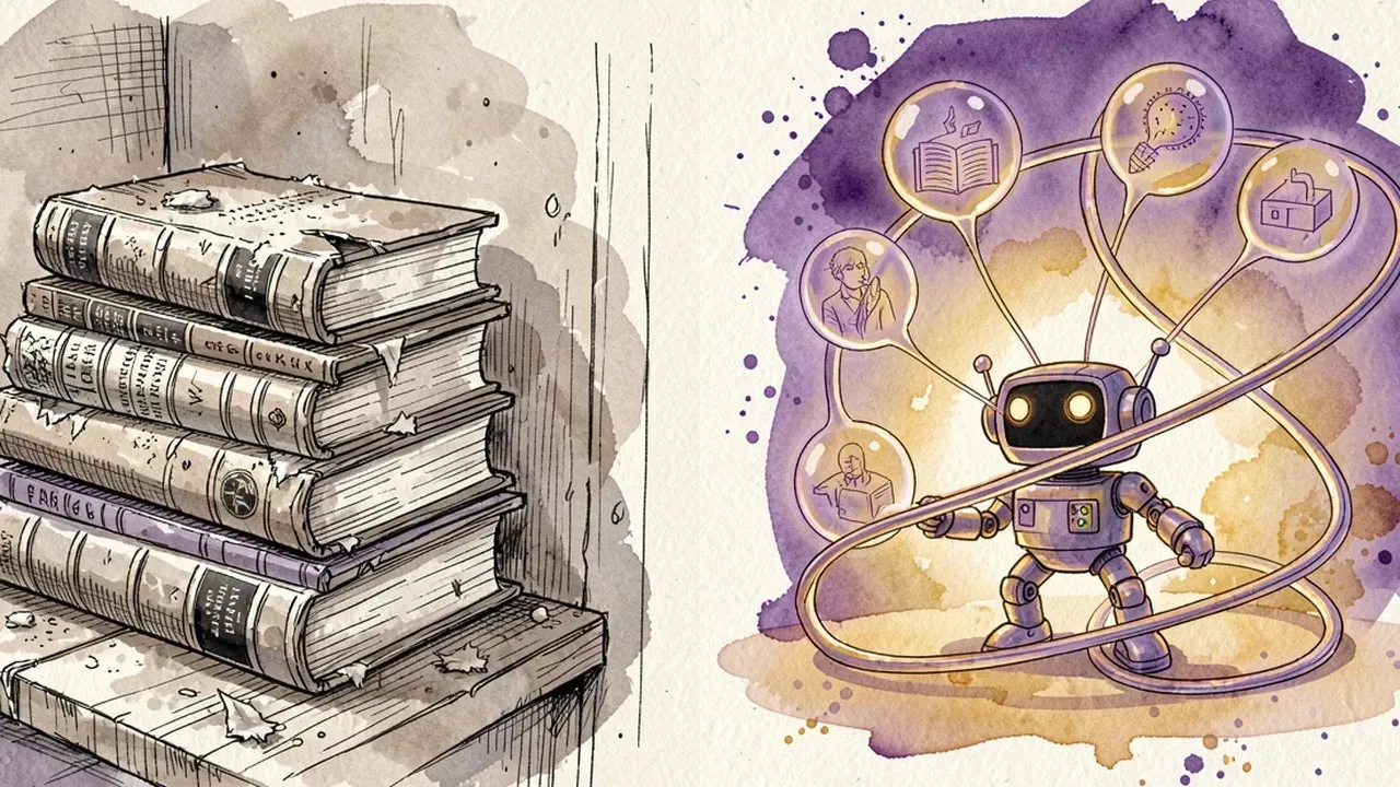 Illustration comparing a static stack of books with an AI agent connected to living memory bubbles