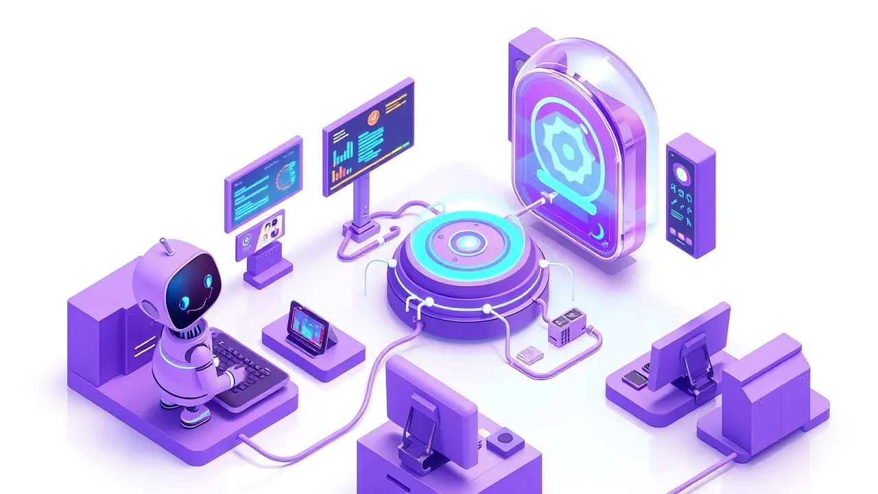 Isometric art of a violet AI robot agent and a smiling employee organizing data flows into one central core, with a violet shield protecting everything