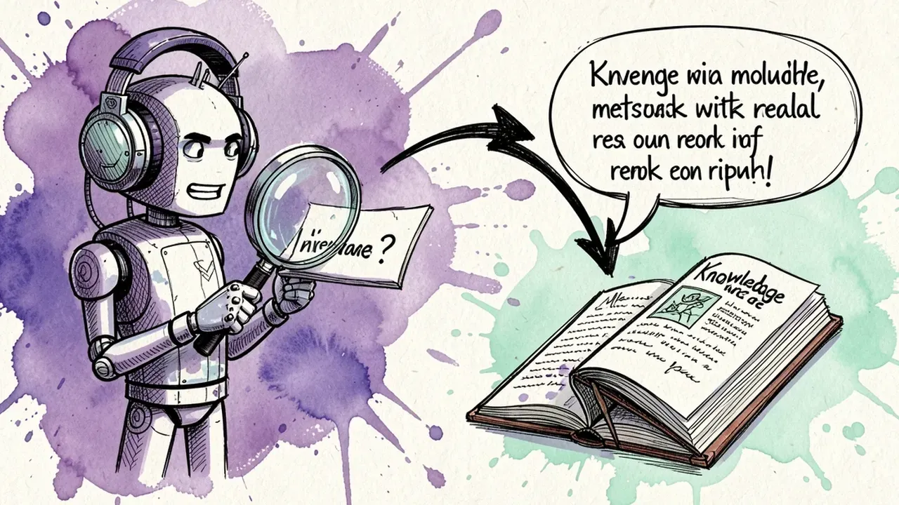 Robot with headphones reading a message through a magnifying glass and routing the reply in the same language, with an open knowledge book beside it